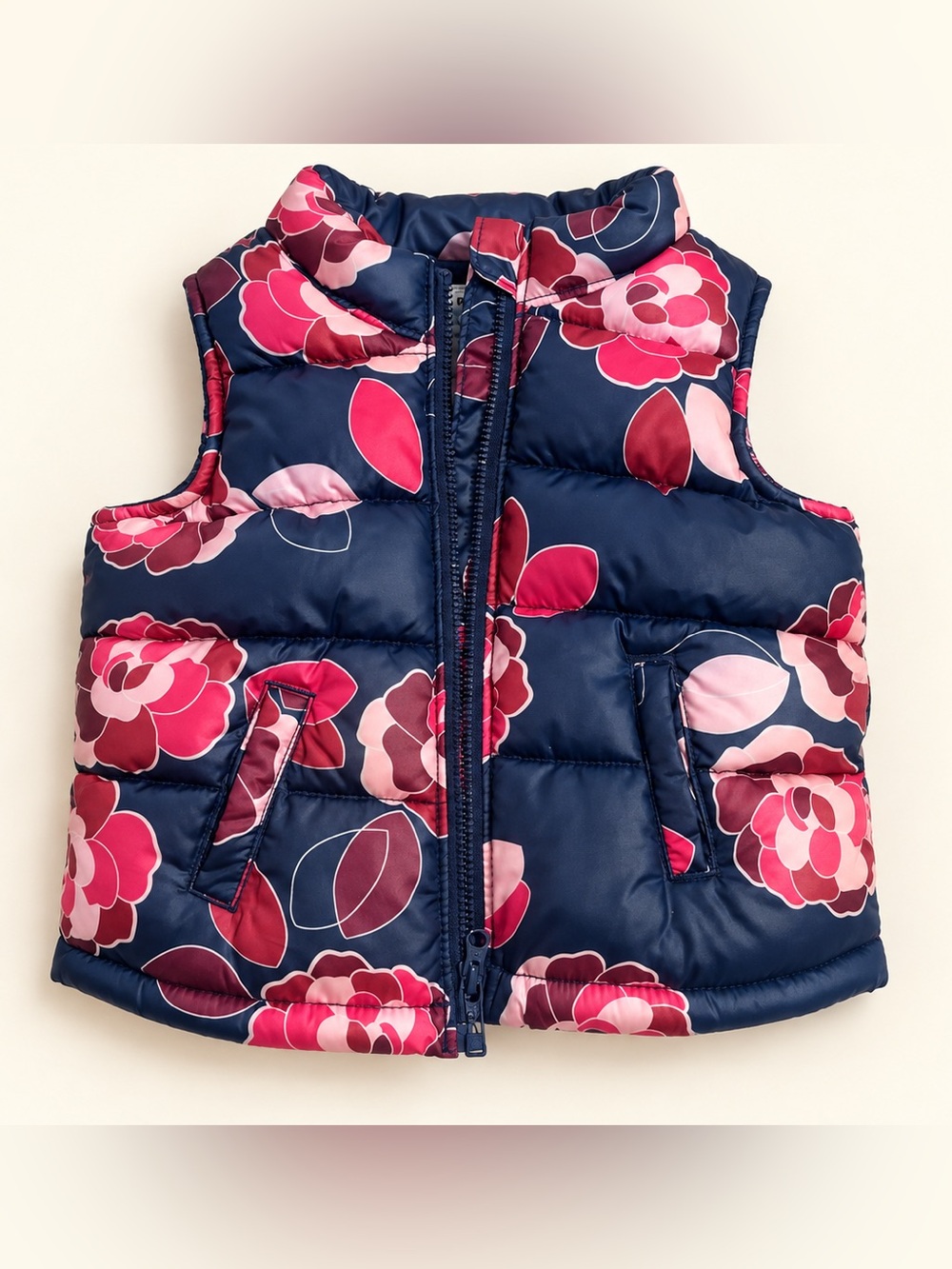 Old Navy Navy Floral Puffer Vest with Pink & Red Blooms